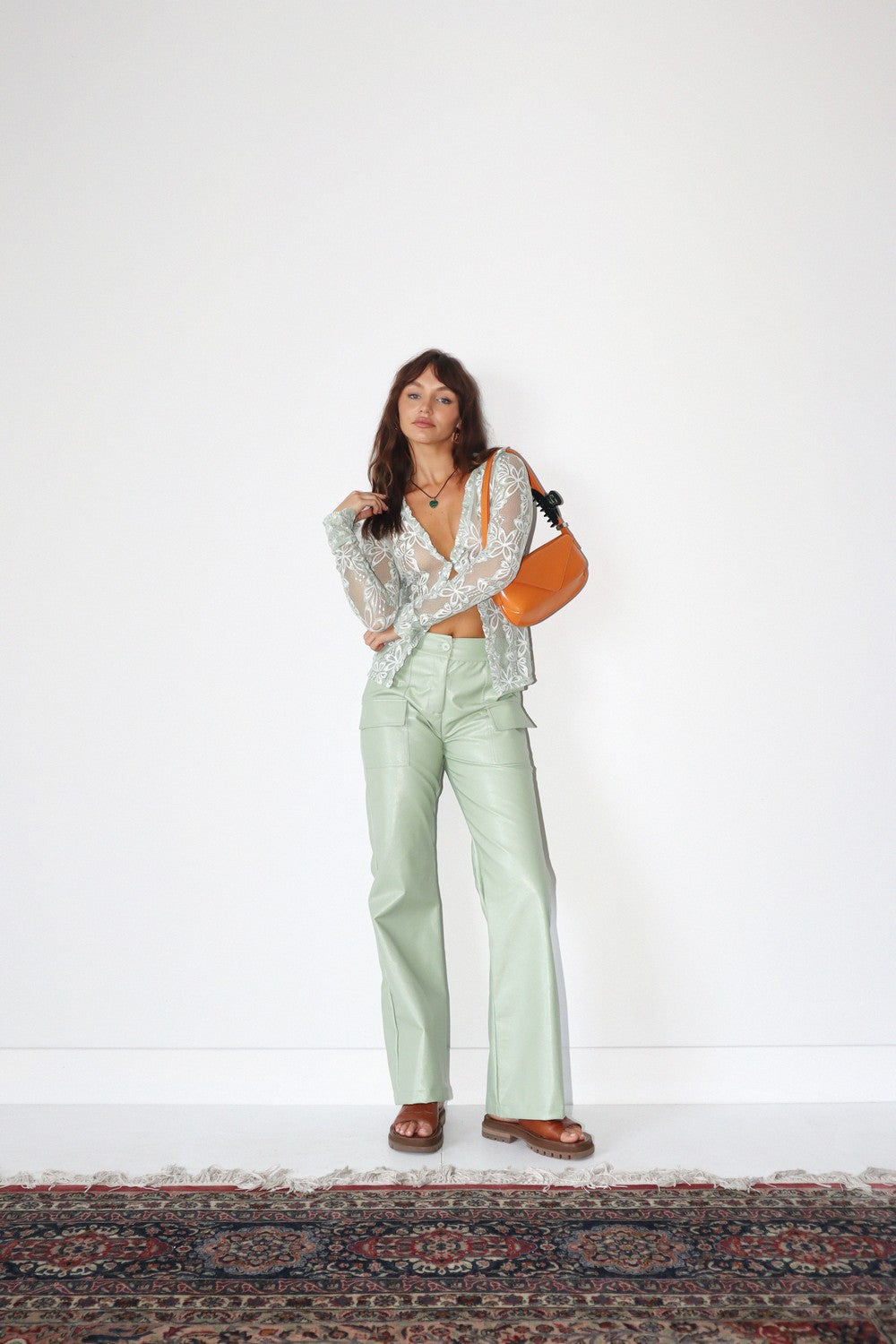 Mint cargo leather pant