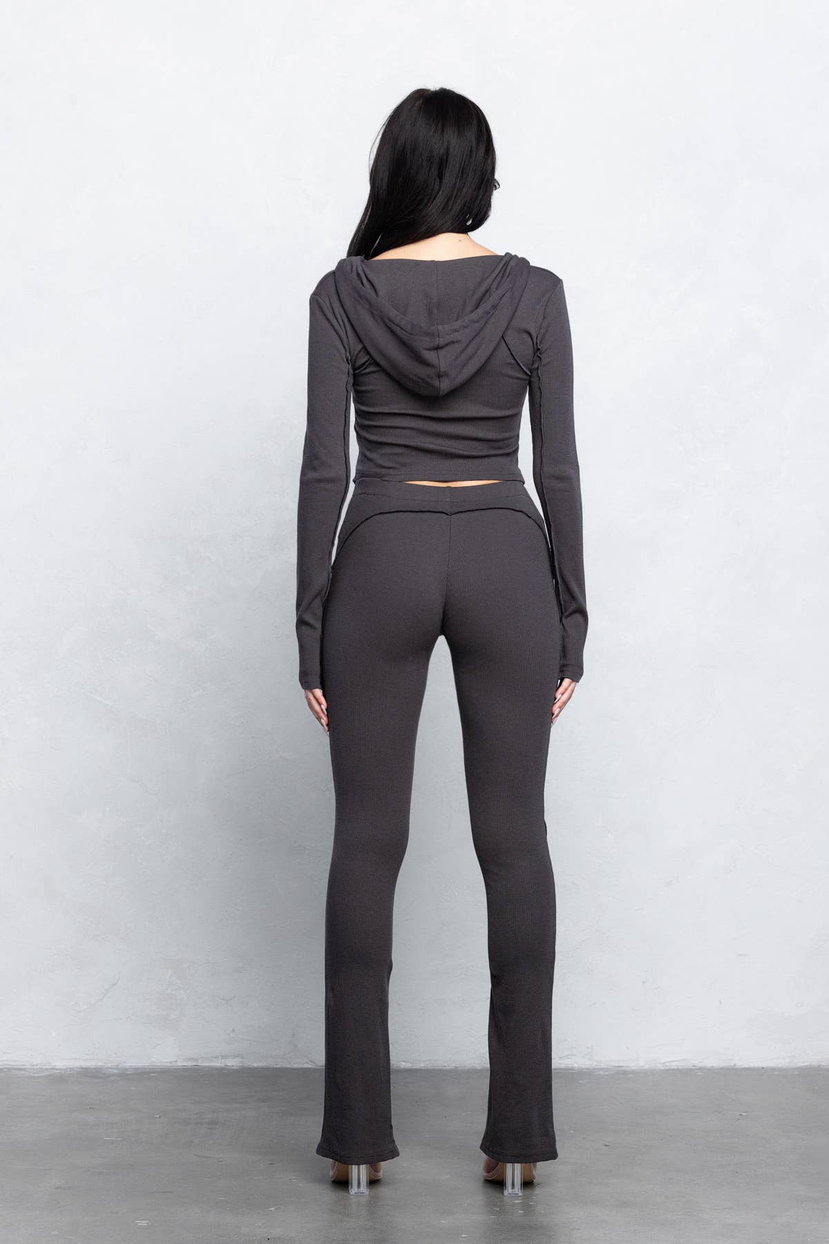 Ribbed outseam stitch hooded zip-up and pants set (top only)