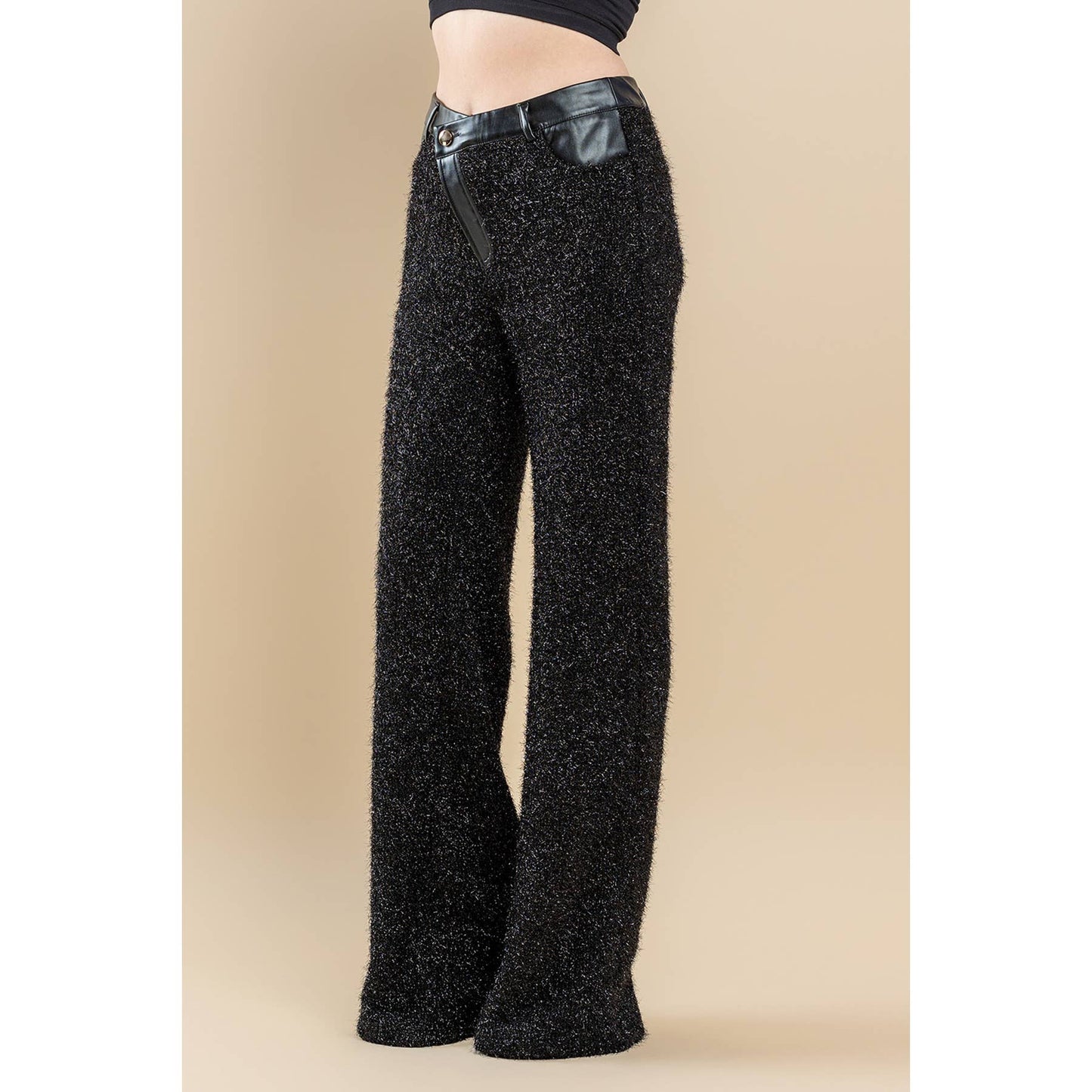 Asymmetrical leather waist band knit pants