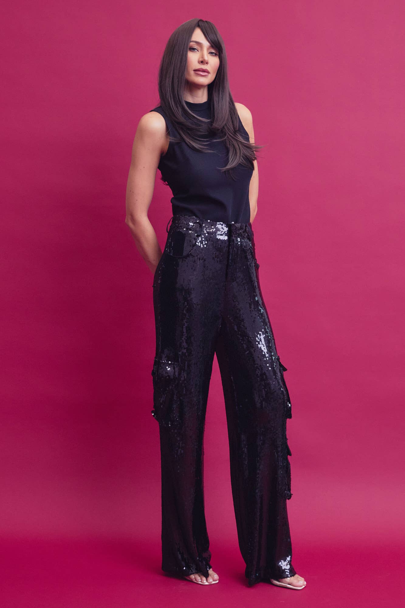 Sequin cargo pants with pockets