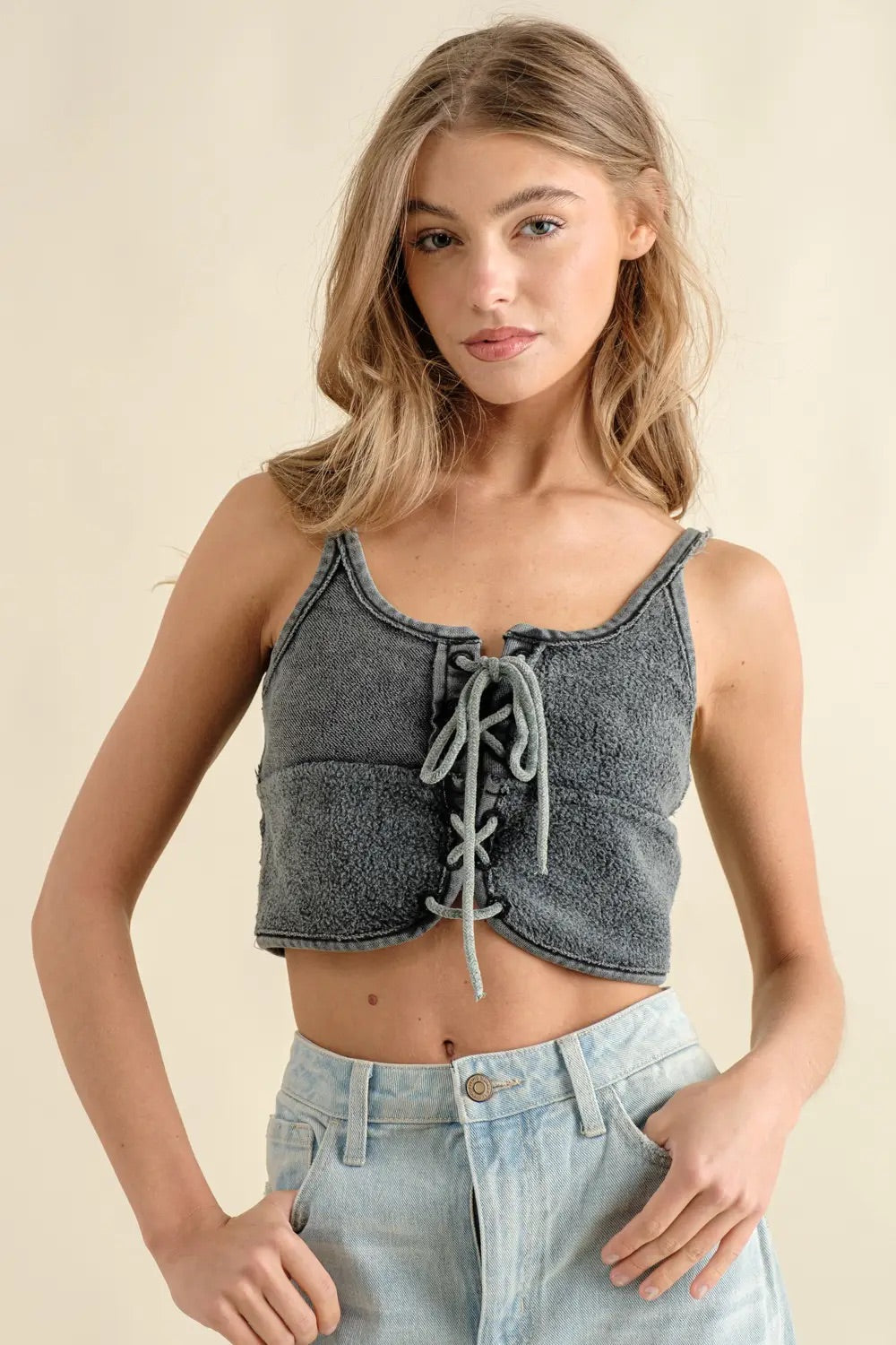 Reversed Detailing Lace Up Crop Cami Tank