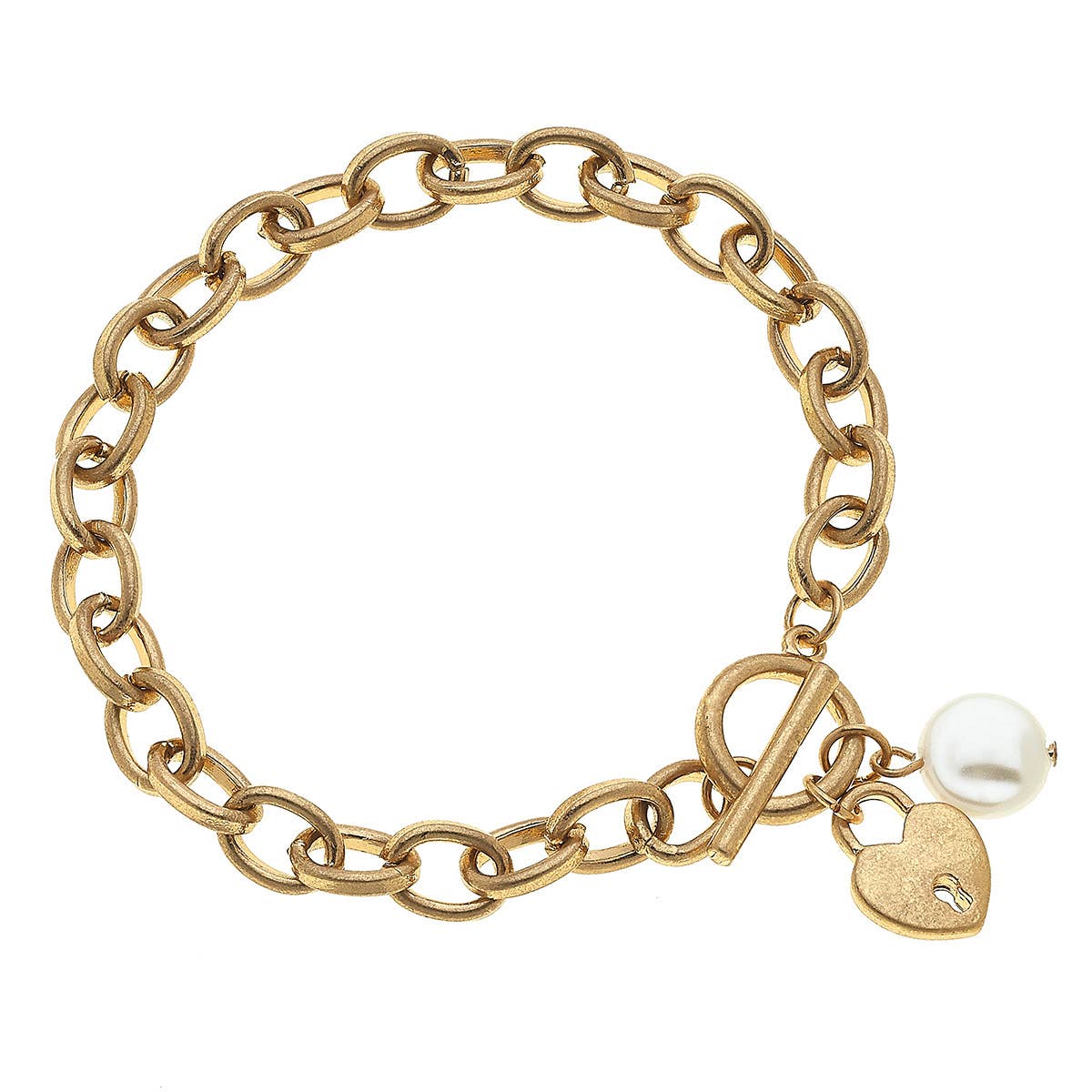 Heart T-Bar Charm Bracelet in Worn Gold