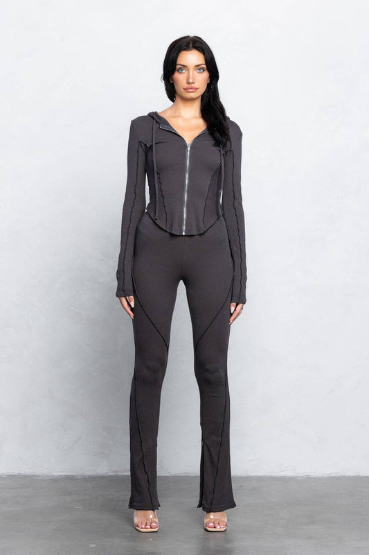 Ribbed outseam stitch hooded zip-up and pants set (top only)
